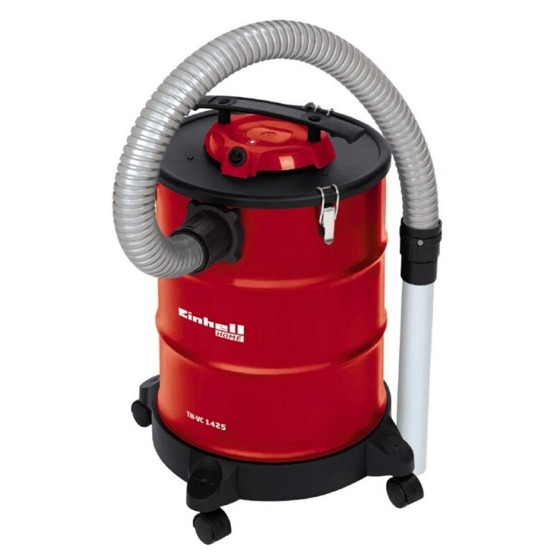 Red Einhell ash vacuum cleaner with flexible grey hose