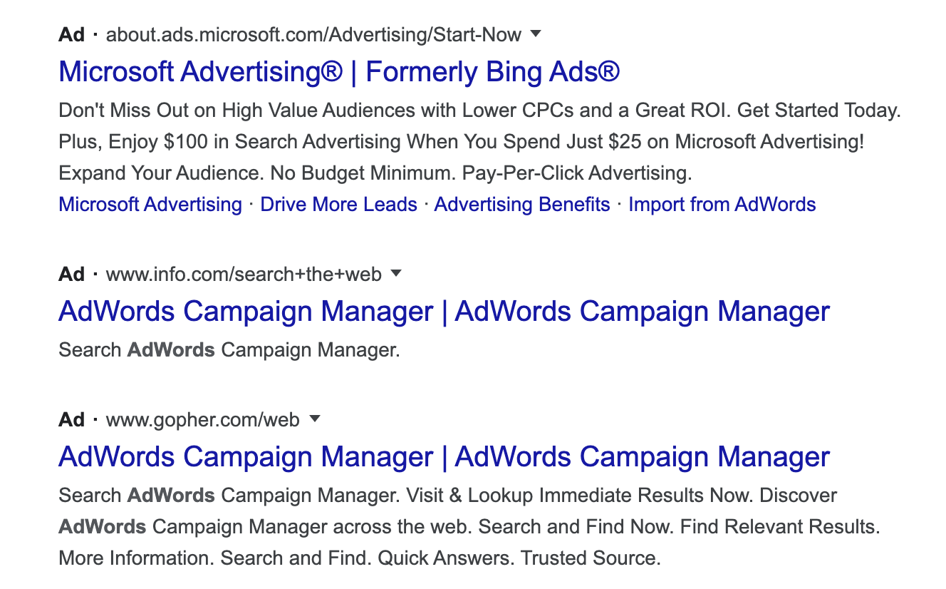 Microsoft and AdWords advertising campaign manager search results