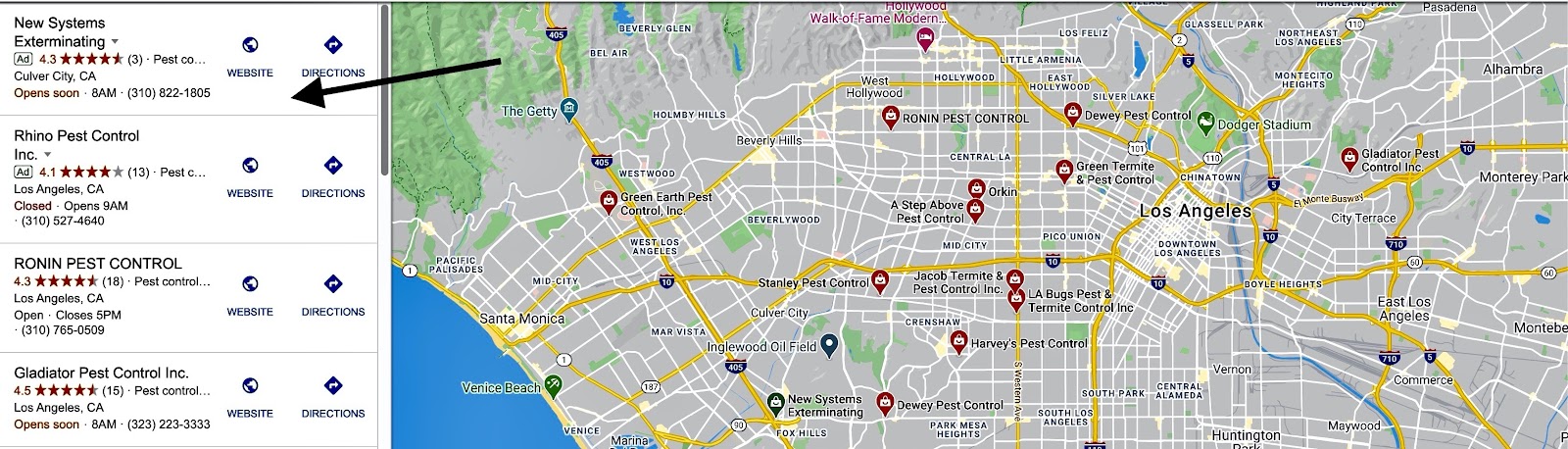 Los Angeles map showing locations of various pest control companies