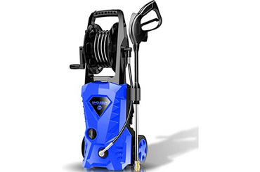 Blue electric pressure washer with hose reel on white background