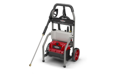 Red and gray electric pressure washer on wheeled stand with spray wand