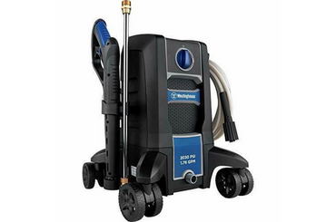 Black and blue electric pressure washer with spray gun and wheels