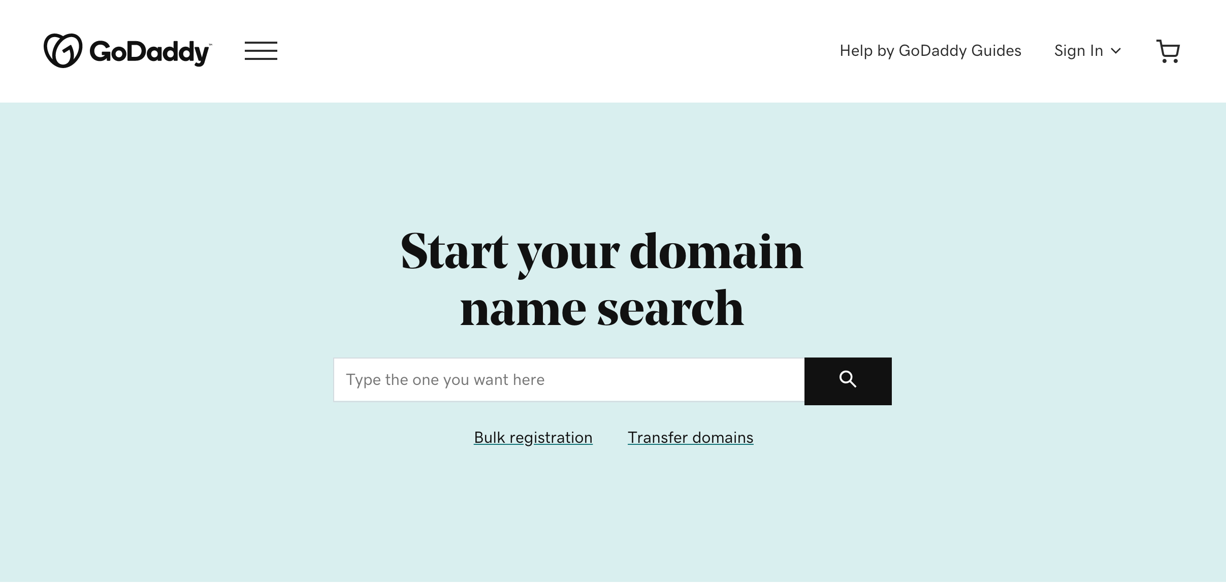 GoDaddy domain name search page with search input field