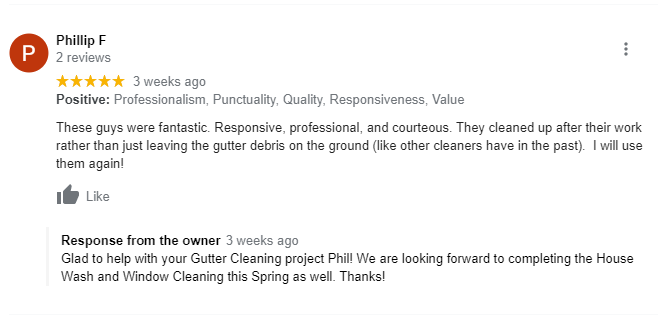 5-star review of gutter cleaning service with positive customer feedback