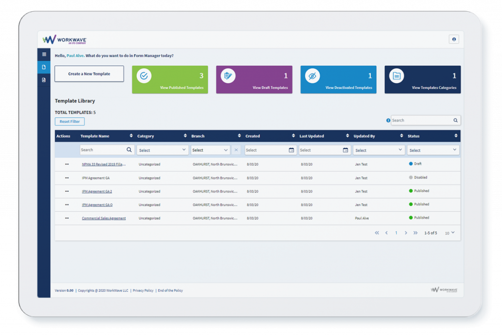 Workwave template library dashboard with multiple template management options