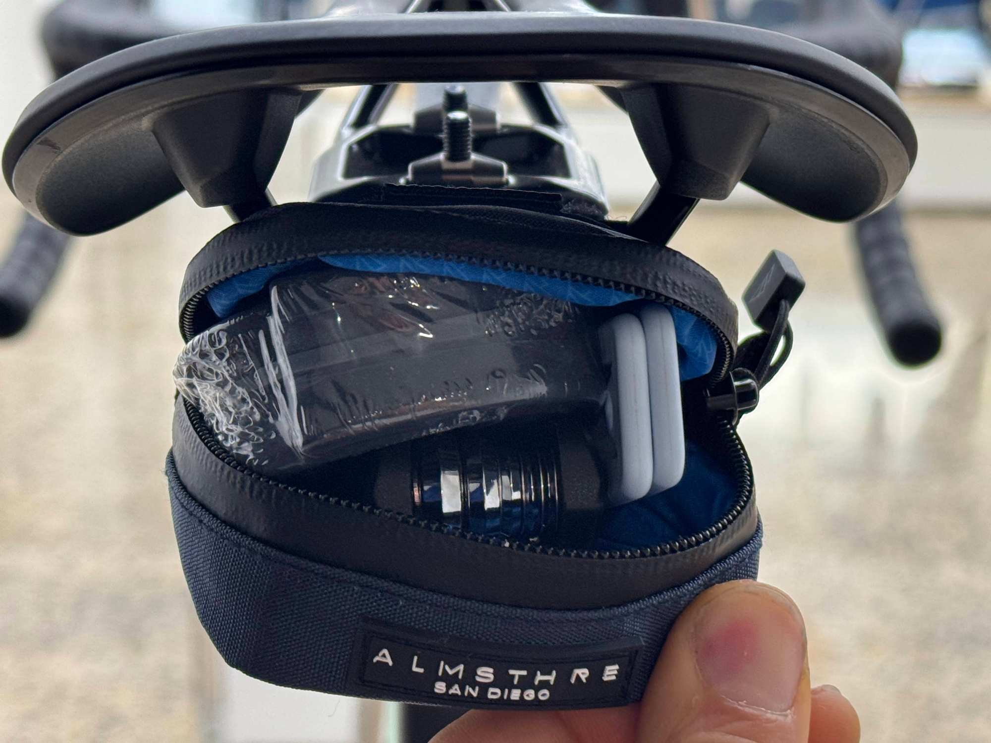 A saddle bag with essentials (spare tube, tyre levers, multi-tool))