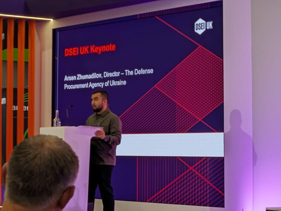 Arsen Zhumadilov, Director of the Defense Procurement Agency of Ukraine addressing DSEI UK, September 11, 2025
