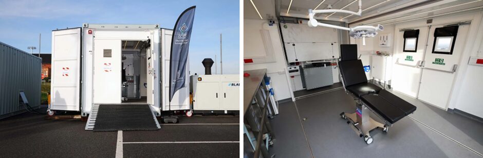 Exterior and interior views of a Royal Navy Persistent Operational Deployment System (PODS) fitted with medical equipment, March 2024