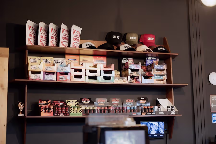 Merchandise and supplements on display at ONE|DZ Gym in Derby