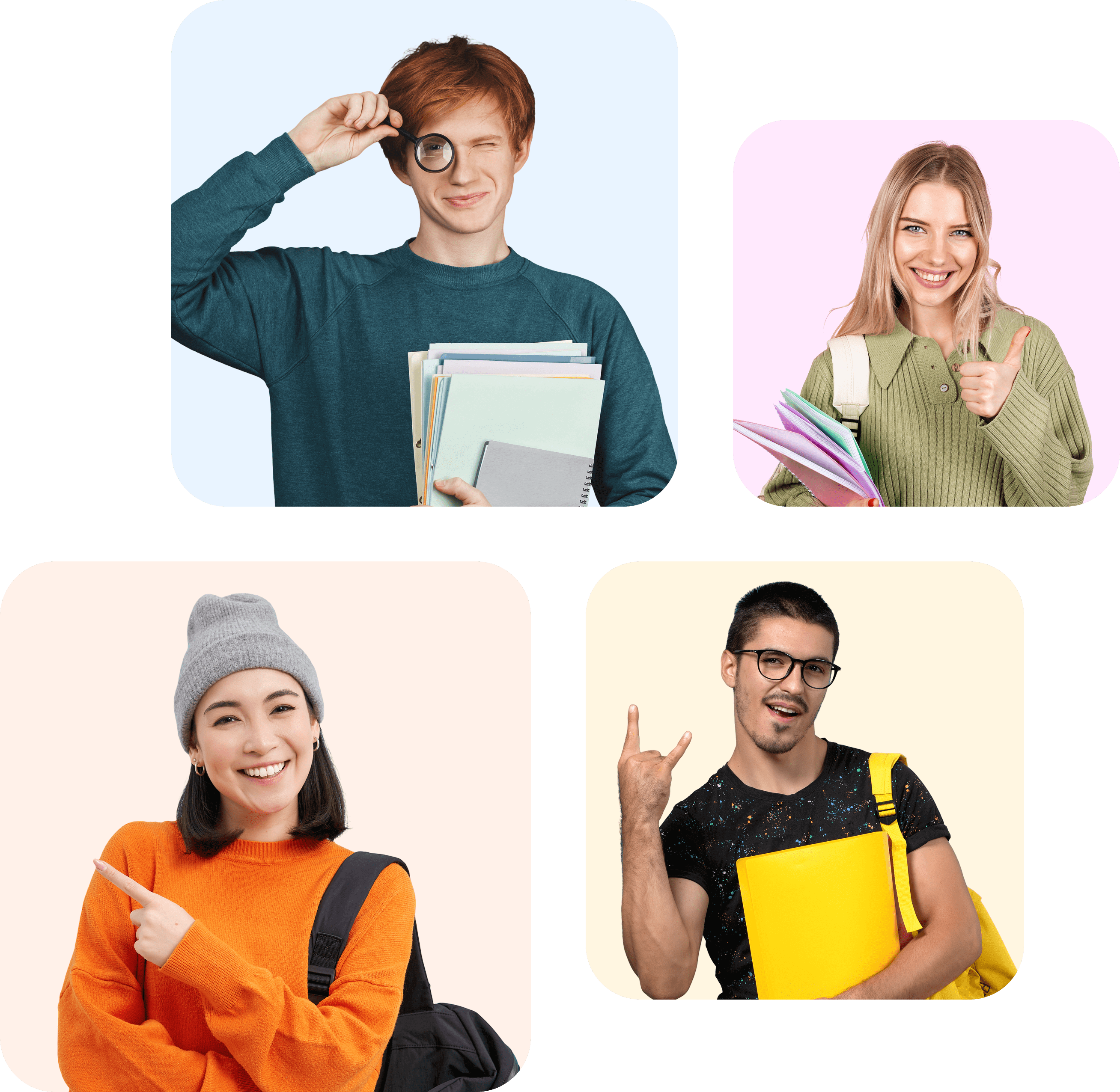 Чотири усміхнених студенти: хлопець з моноклем і папками, дівчина з зошитами показує палець вгору, дівчина в шапці вказує пальцем убік, хлопець з жовтою сумкою показує рок-жест