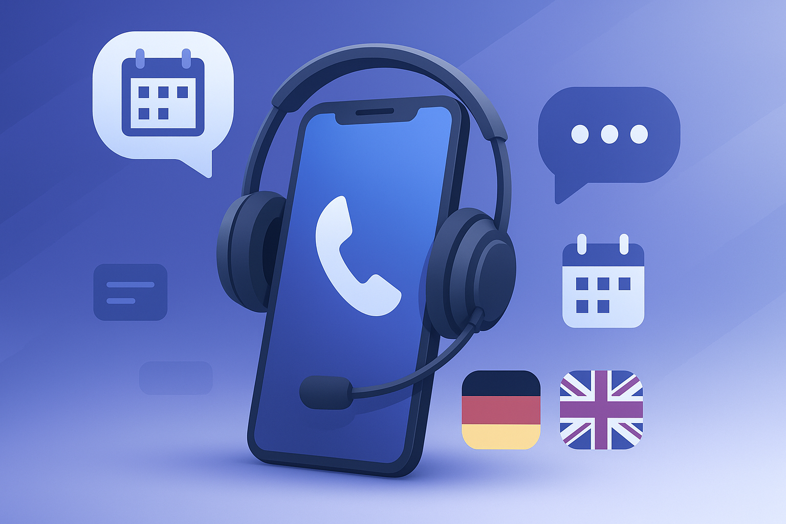 Phone with headset showing call icon, surrounded by calendar, chat bubbles, and German and UK flags.
