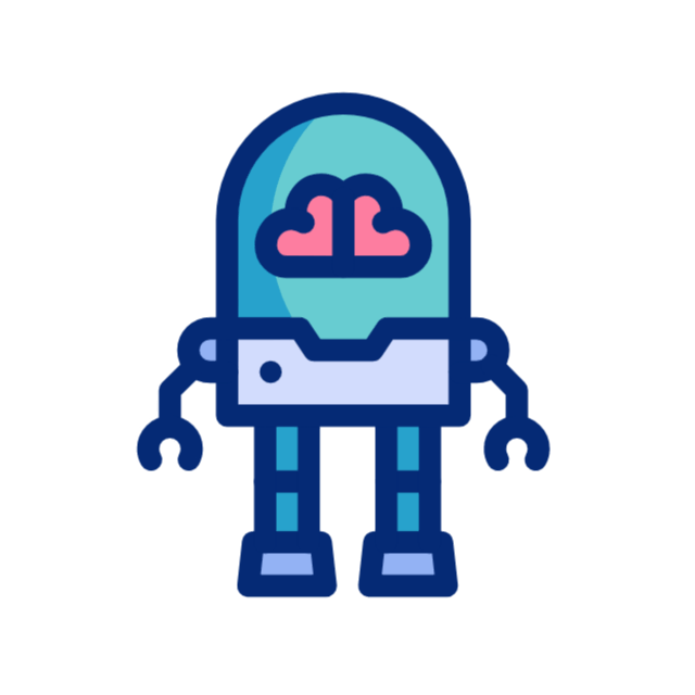 a cute robot animation with a brain insiede a glass chamber