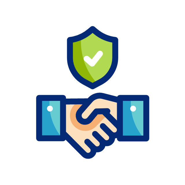 a handshake animation in cartoon style with a shield and a check mark inside the shield