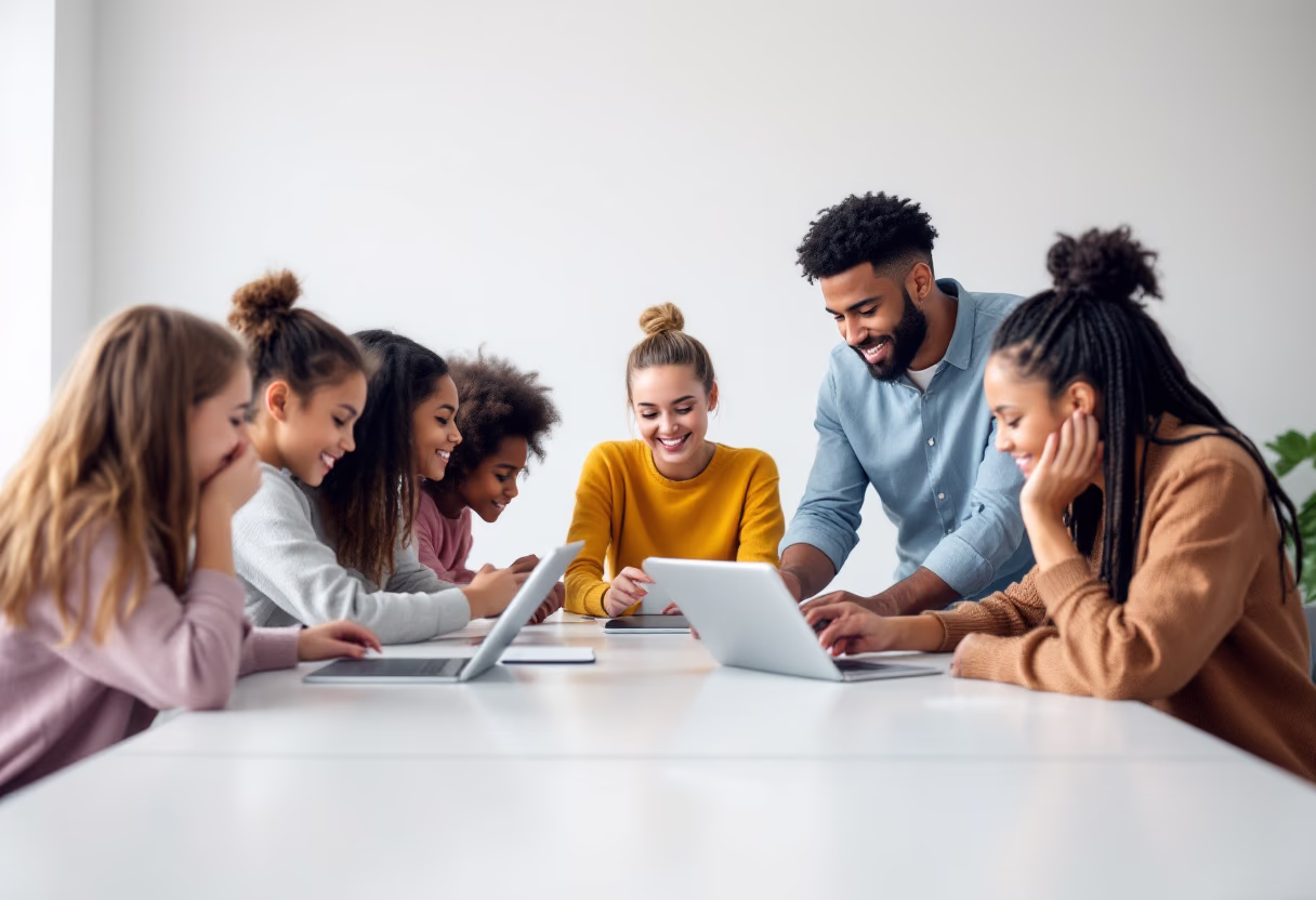 image of a teacher interacting with students using digital tools