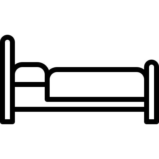 Simple black and white icon of a single bed with headboard and footboard