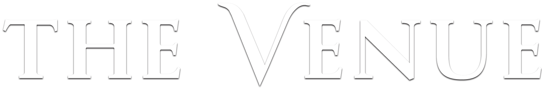 White outline typography of the word "THE VENUE" on white background