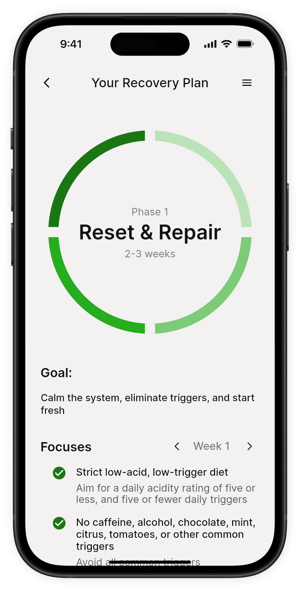 NoBurn reflux and GERD app reflux recovery plan page, for the self-help approach to treating reflux