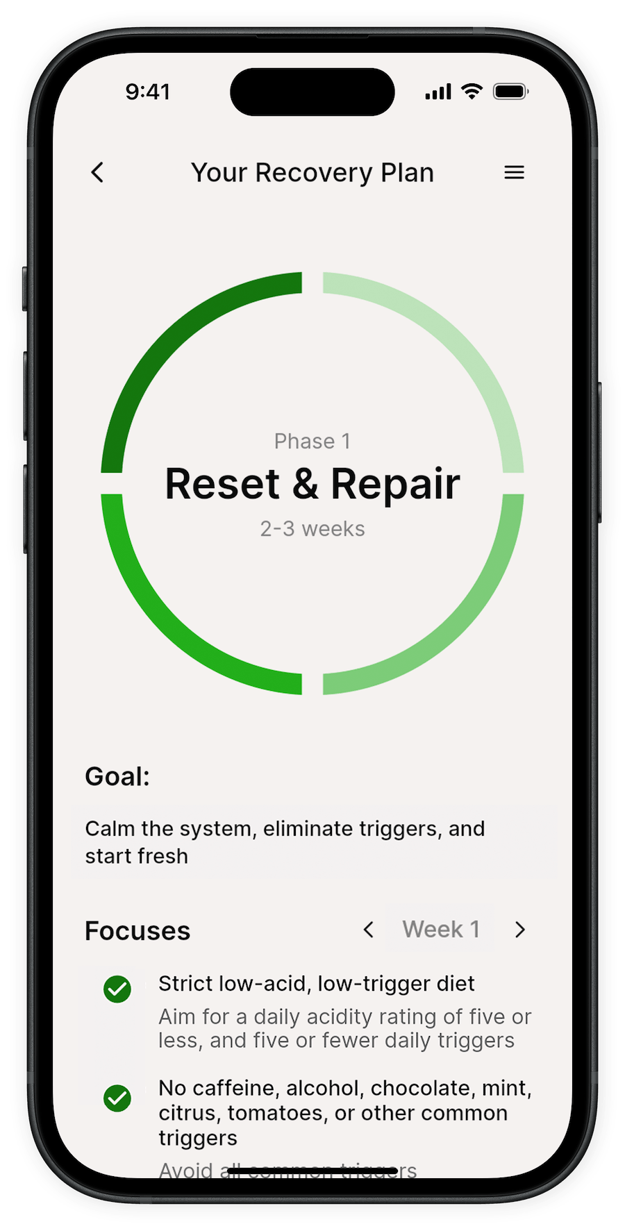 NoBurn reflux and GERD app reflux recovery plan page, for the self-help approach to treating reflux