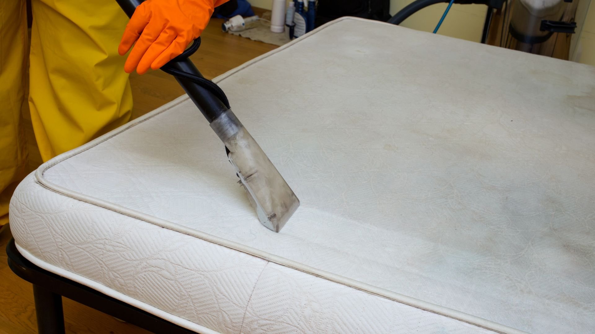 Professional cleaning mattress with steam cleaner and protective gloves