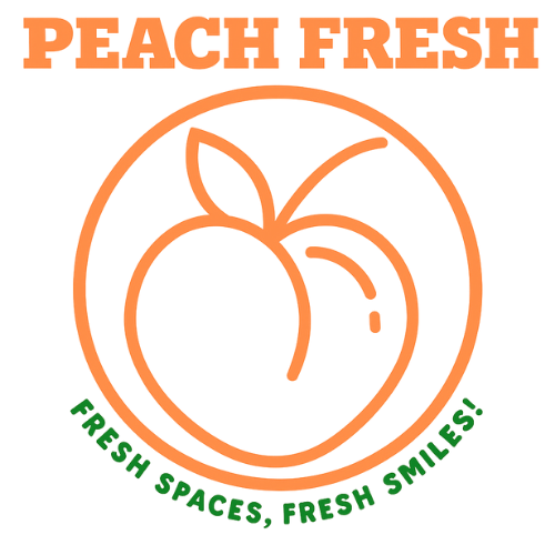 Peach Fresh logo with stylized peach in orange circle, fresh spaces slogan