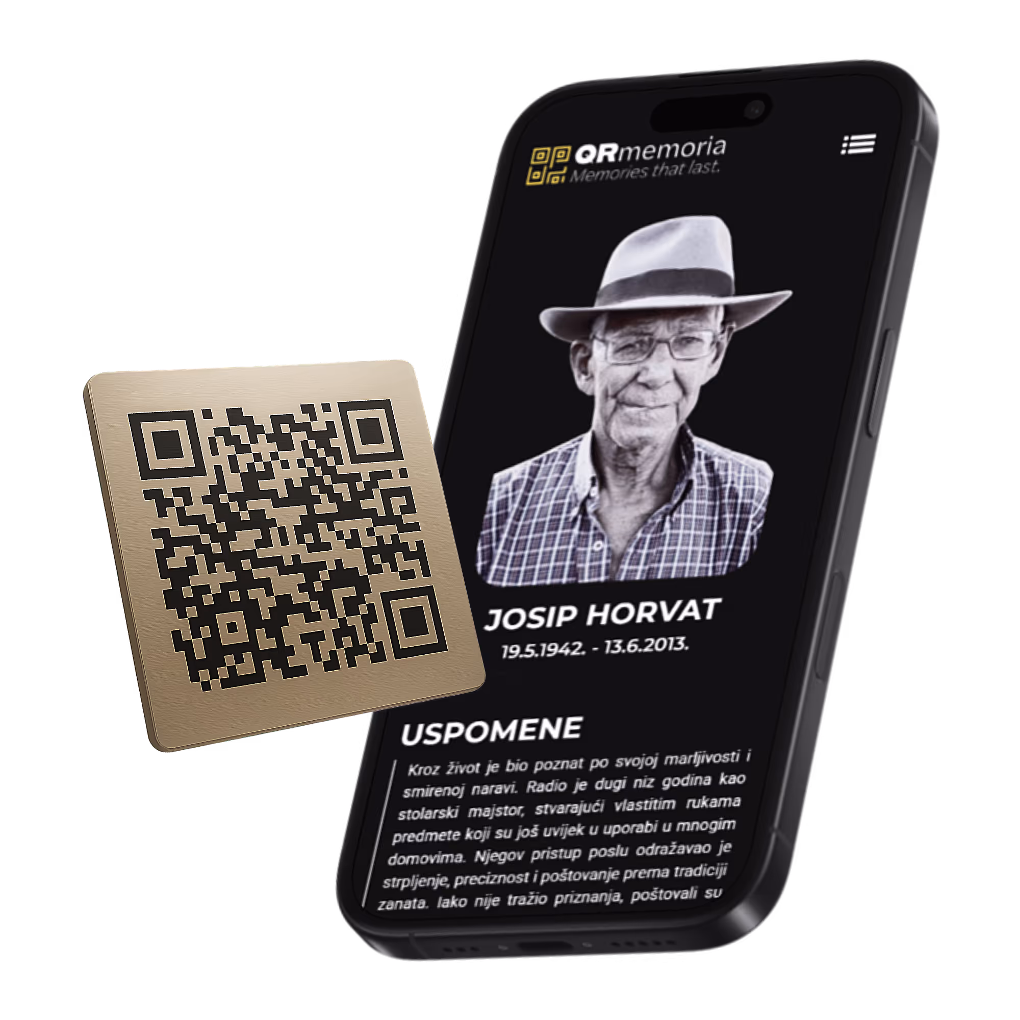 Pametna telefonska aplikacija prikazuje profil Josipa Horvata s datumom rođenja i smrti te opisom njegovog života i rada, uz prikaz QR koda na metalnoj pločici.