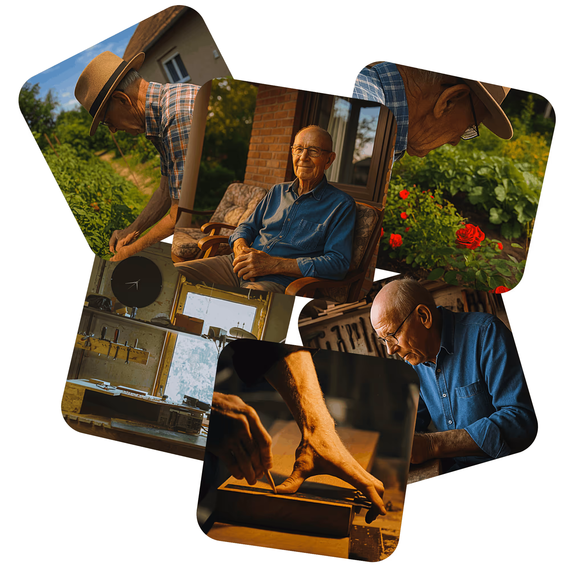 Stariji muškarac u šeširu i na farmi i radionici; slike pokazuju njegovo vrtlarenje, rad s drvom i odmor na terasi kuće.