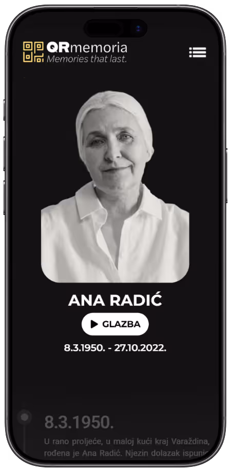 Mobilni zaslon s profilom Ane Radić, uključujući njezinu crno-bijelu fotografiju, ime, datum rođenja i smrti, te gumb za reprodukciju glazbe.