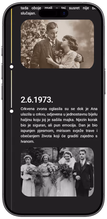 Zaslon pametnog telefona s crno-bijelim starinskim fotografijama mladenaca i pratećim tekstom na hrvatskom koji opisuje vjenčanje 2.6.1973.
