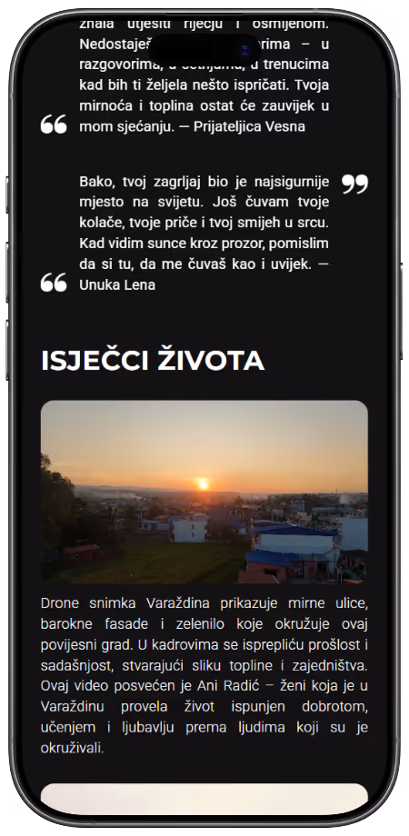 Pametni telefon prikazuje tekst na hrvatskom jeziku s emotivnim porukama i dronom snimkom Varaždina tijekom zalaska sunca.