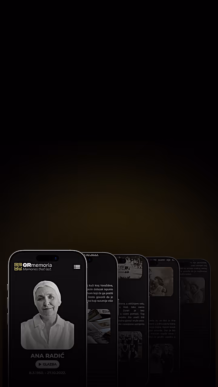 Pametna telefonska aplikacija QR memoria prikazuje profil žene s imenom Ana Radić i kategorijom glazba.