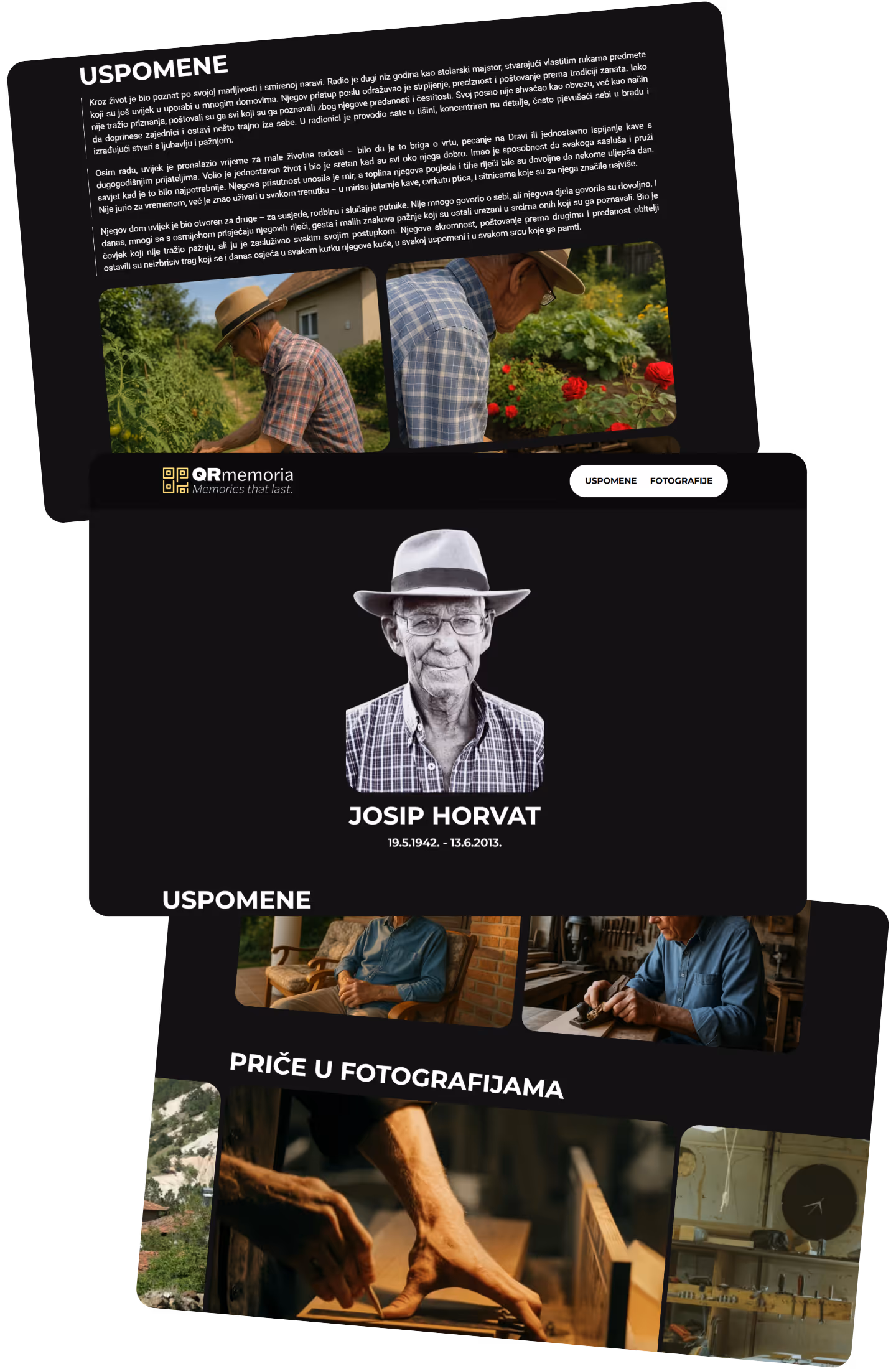 Crno-bijeli portret starijeg muškarca s naočalama i šeširom, ime Josip Horvat s datumima 1942. do 2013. te fotografije starijeg muškarca u vrtu i radionici, i slike njegovih ruku dok radi stolarski zanat.