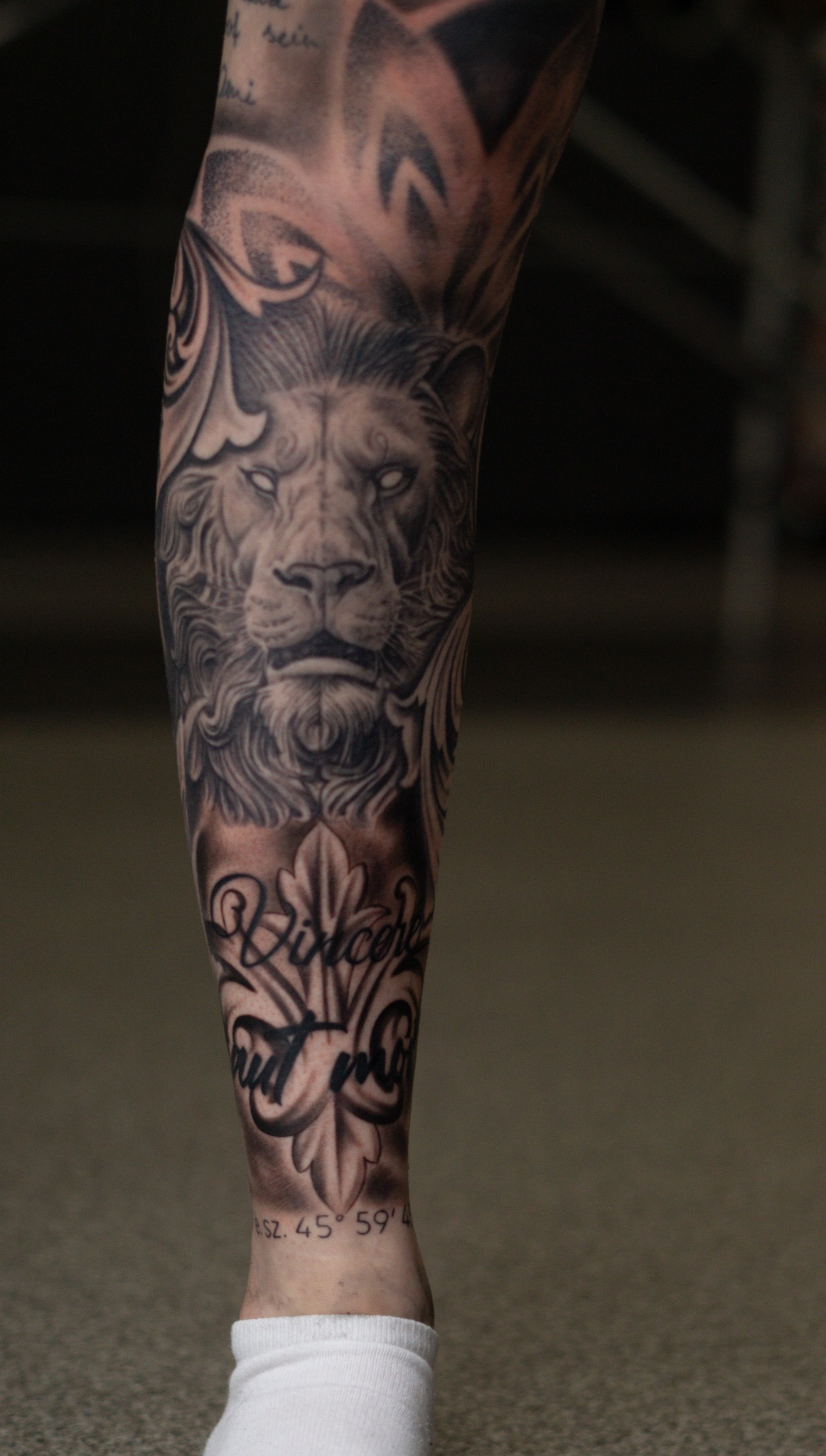 Inkpassion, Nahaufnahme eines abgeheilten Tattoos auf dem Unterschenkel inkl. Schienbein, kompletter Wrap