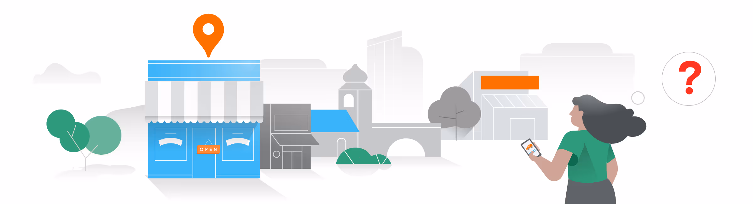 Illustration of a woman holding a phone and looking at a cityscape with a blue storefront marked open and a location pin above it.