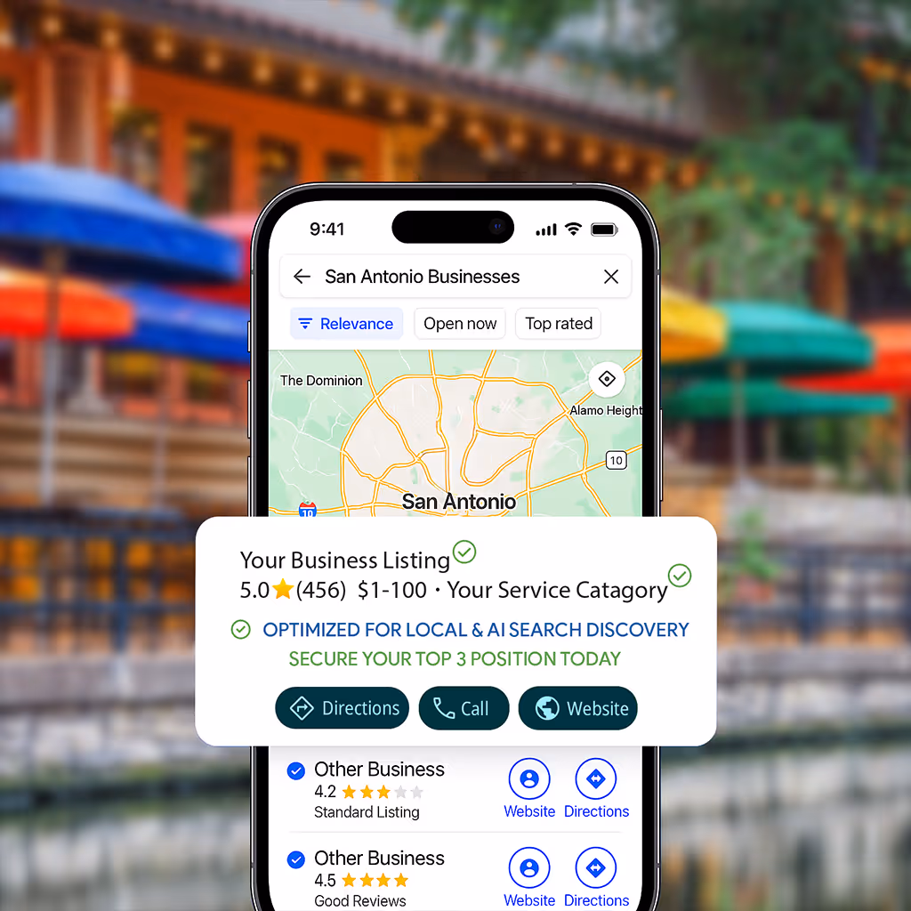 Smartphone displaying Google Maps search for San Antonio Businesses with a highlighted business listing featuring a 5-star rating, price range, and buttons for directions, call, and website.