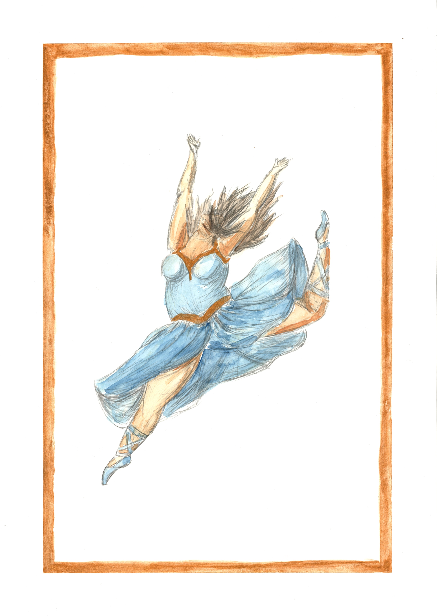 Springende Ballerina in Aquarelle, die gut beleibt ist und ein hellblaues Kleid trägt.