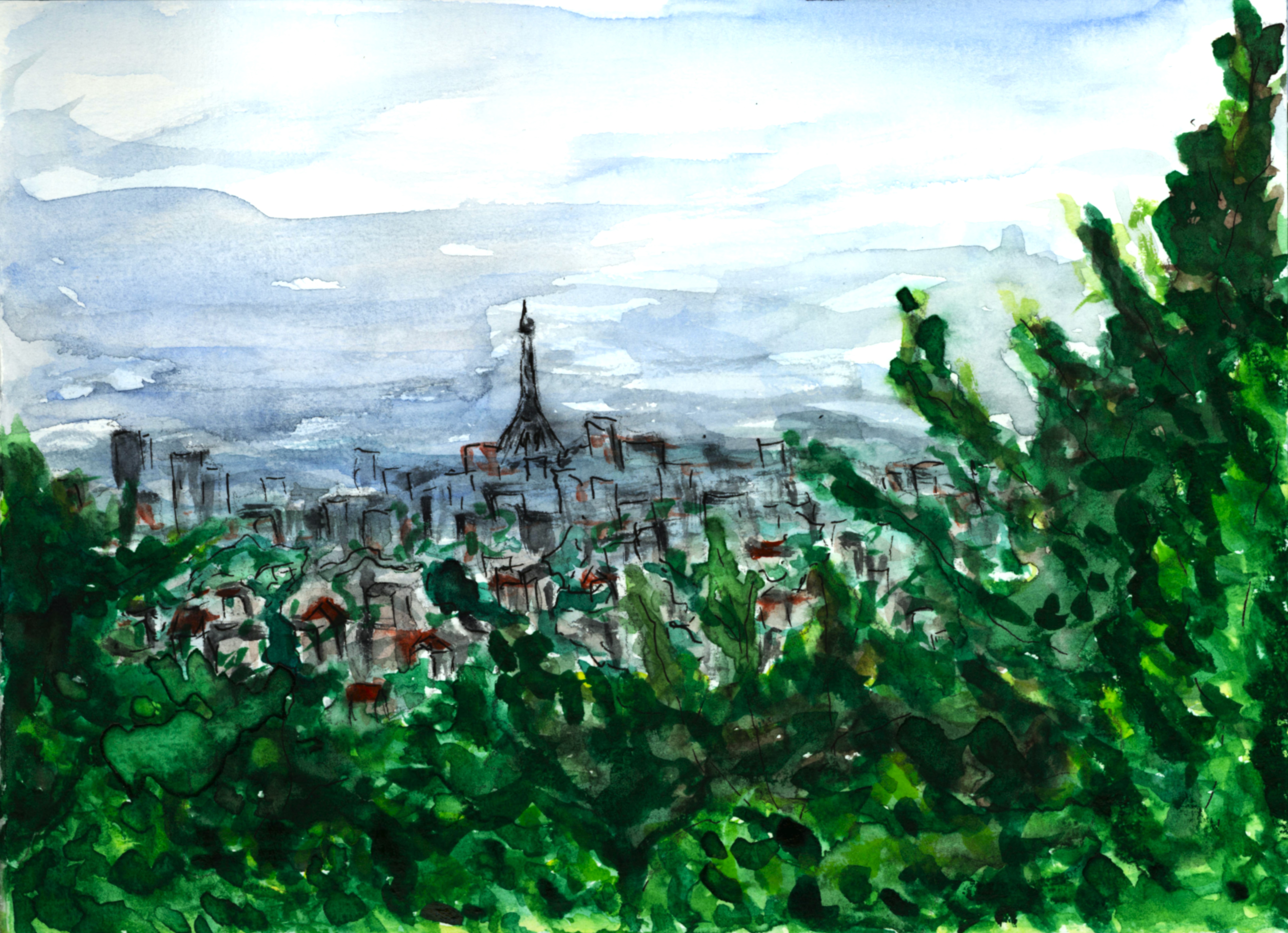 Blick über Paris in Aquarelle