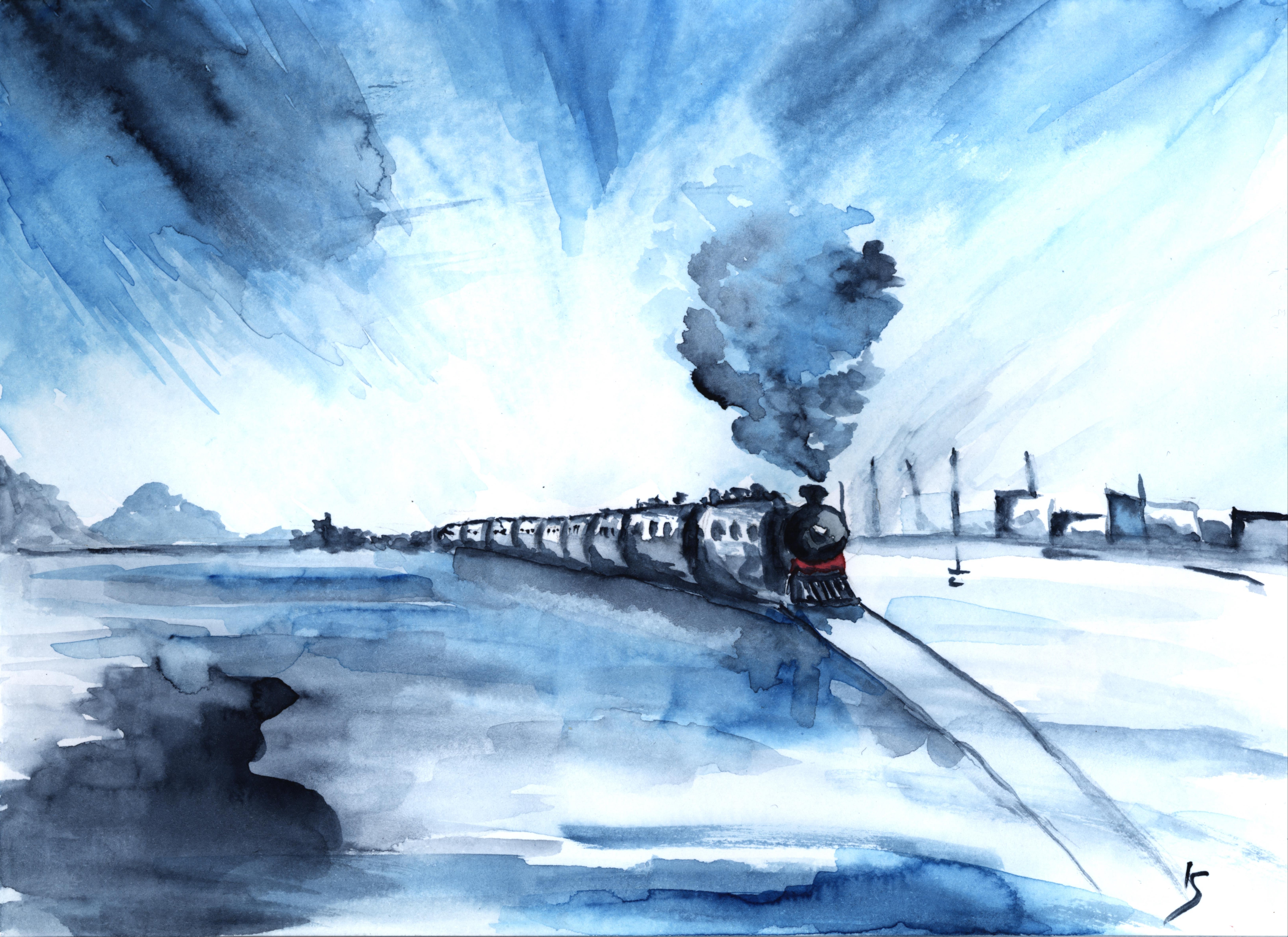 Winterzug in Aquarelle mit dampfenden Rauch