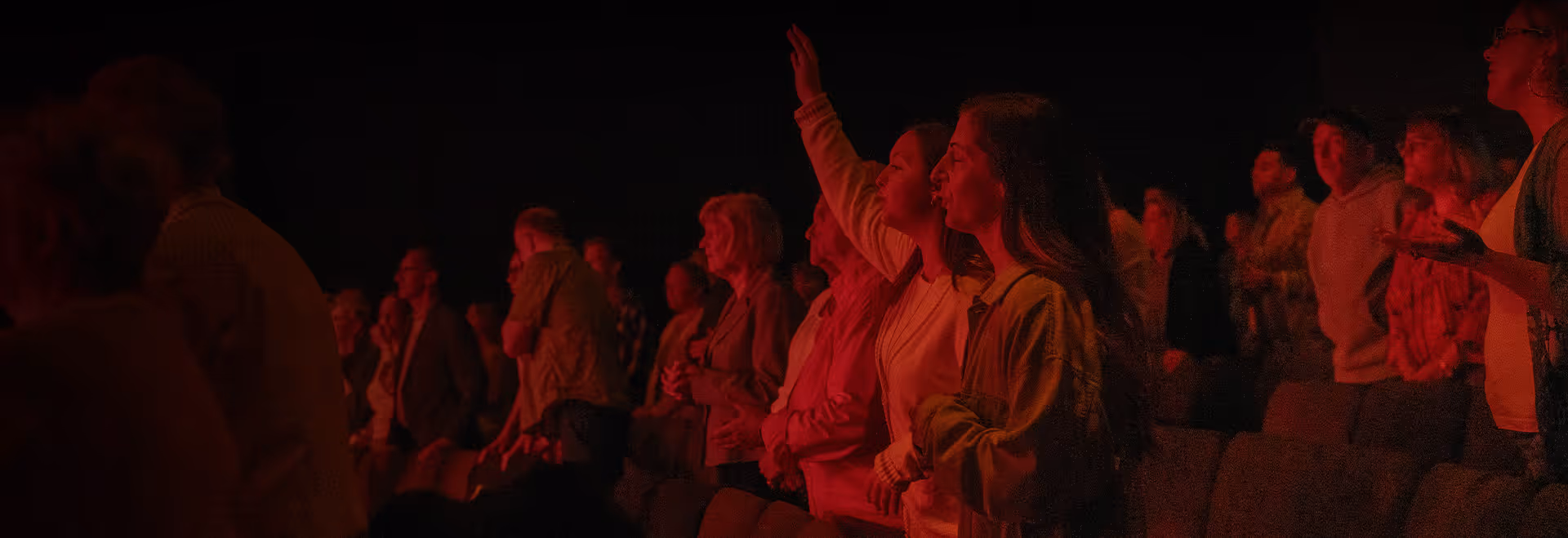 Audience standing in a dimly lit venue with red lighting, focused on something ahead; one person has their hand raised.