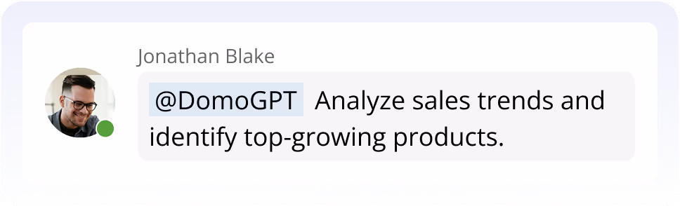 profile image with text message
"@DomoGPT Analyze sales trends and identify top-growing products."