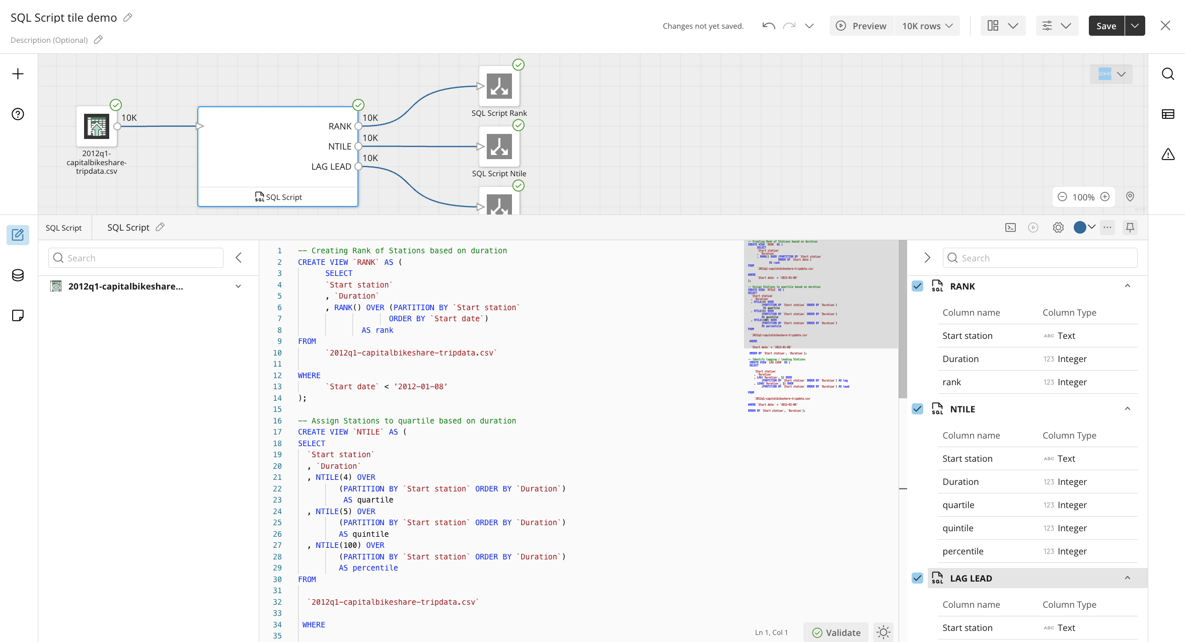 SQL Script UI: bikeshare CSV input feeding into RANK, NTILE, and LAG LEAD outputs.