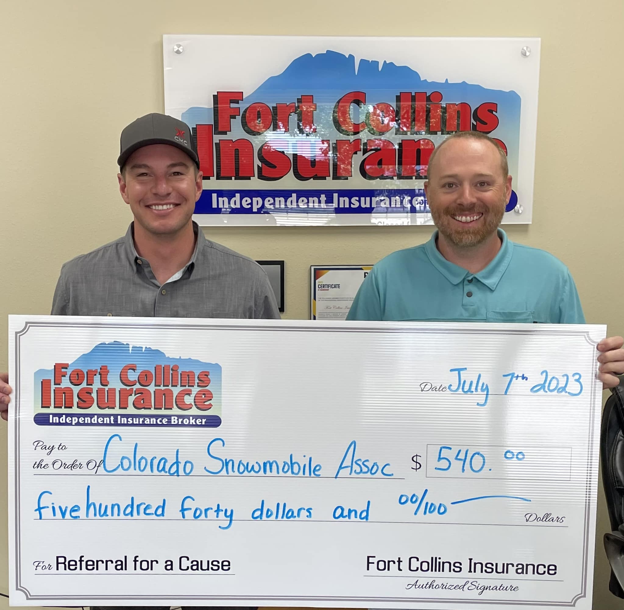 Fort Collin's Insurance donates $10 for every referral to a cause of their clients choosing. Colorado Snowmobile received $540