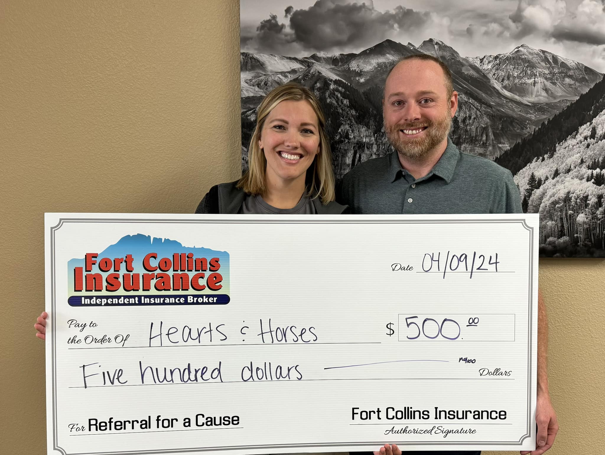 Fort Collin's Insurance donating with their Referral for a Cause to the Hearts & Horses Foundation in Colorado