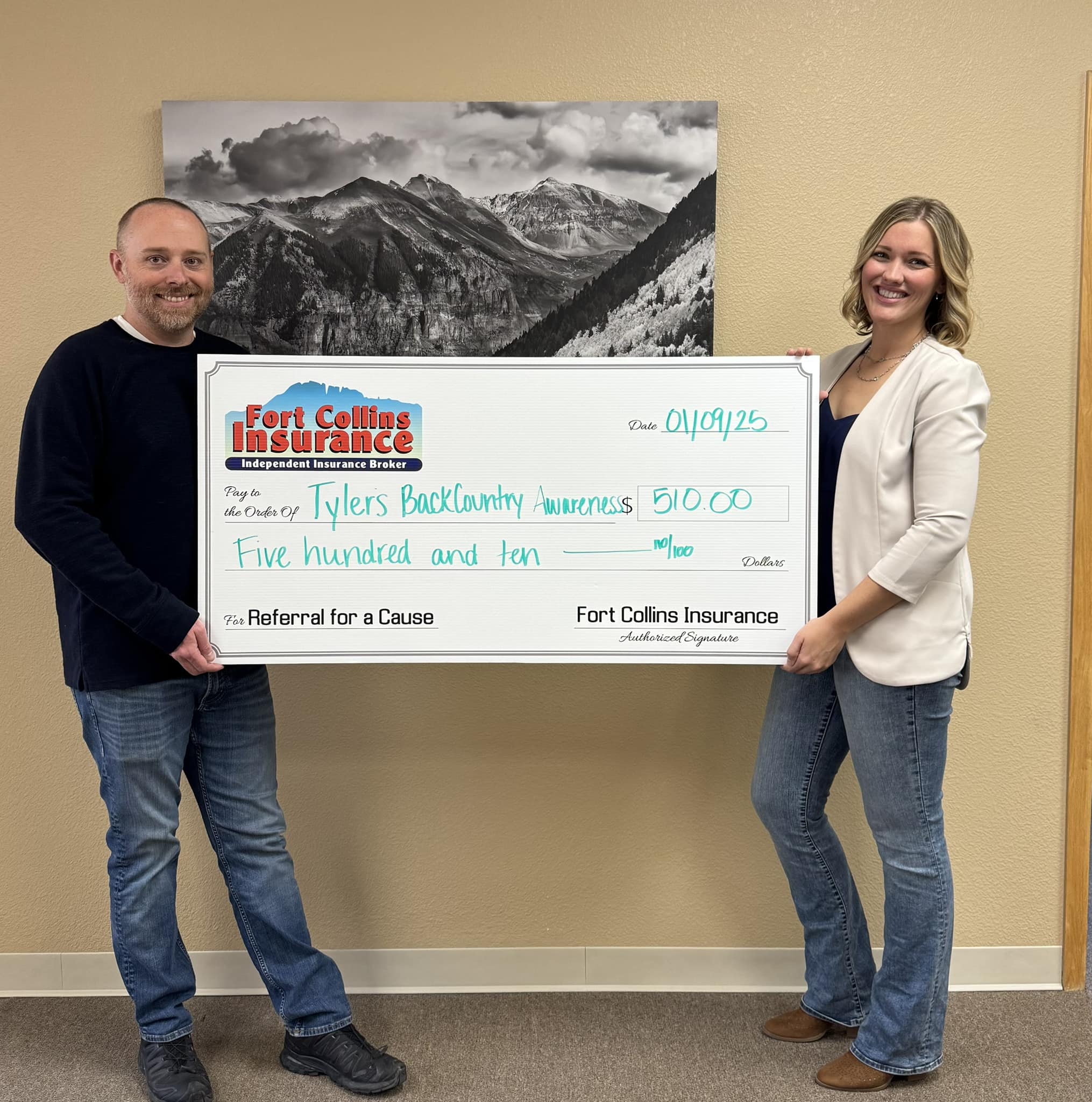 Fort Collin's Insurance donating with their Referral for a Cause to Tyler's Back Country Colorado