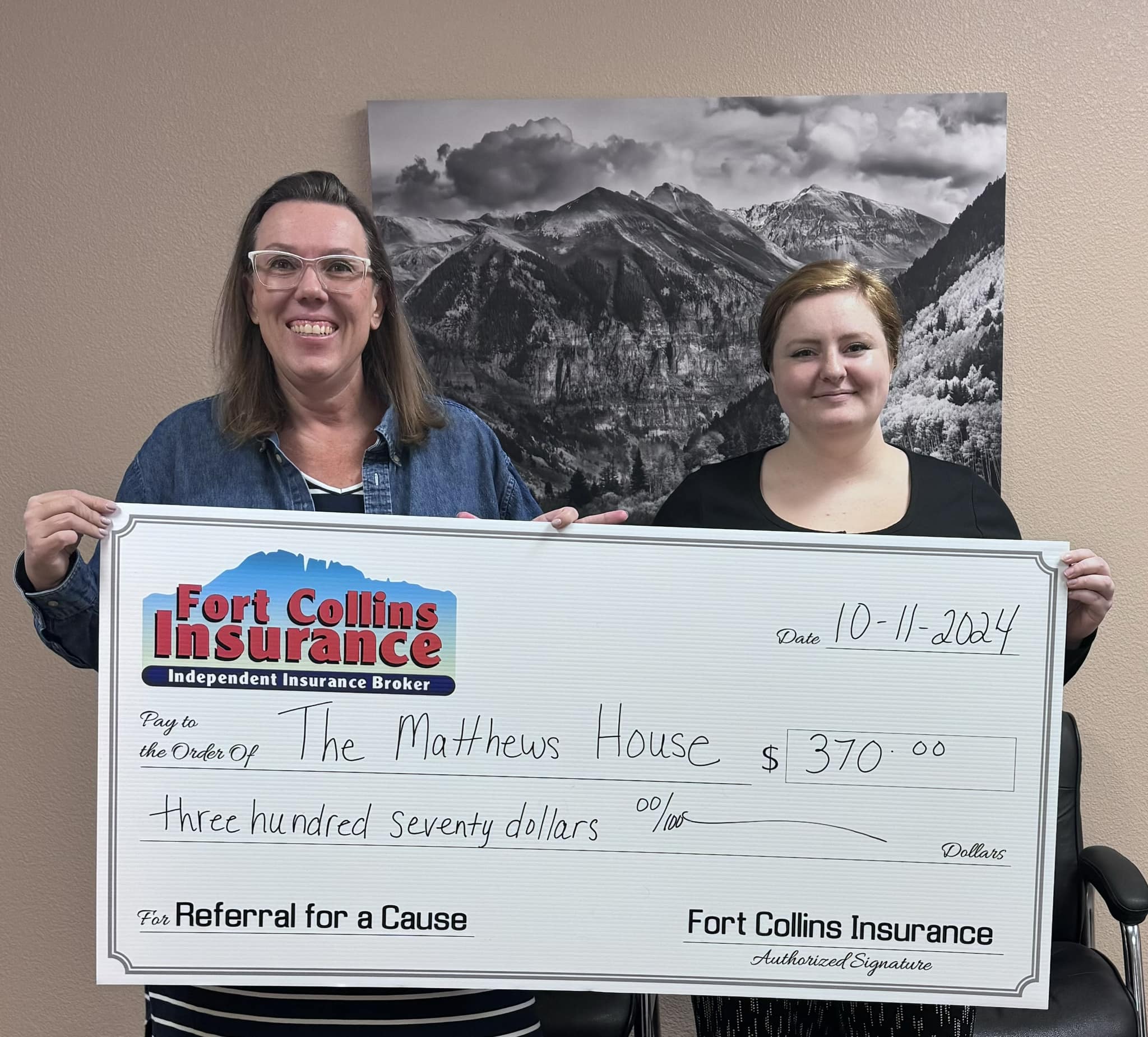 Fort Collin's Insurance donating with their Referral for a Cause to The Matthew's House Colorado