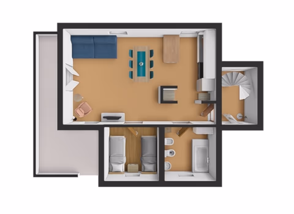 3D floor plan of the ground floor showing an open‑plan living and dining area with a sofa and dining table, a kitchen, one bedroom, a bathroom, an exit to the terrace from the living room, and a staircase and entry area.