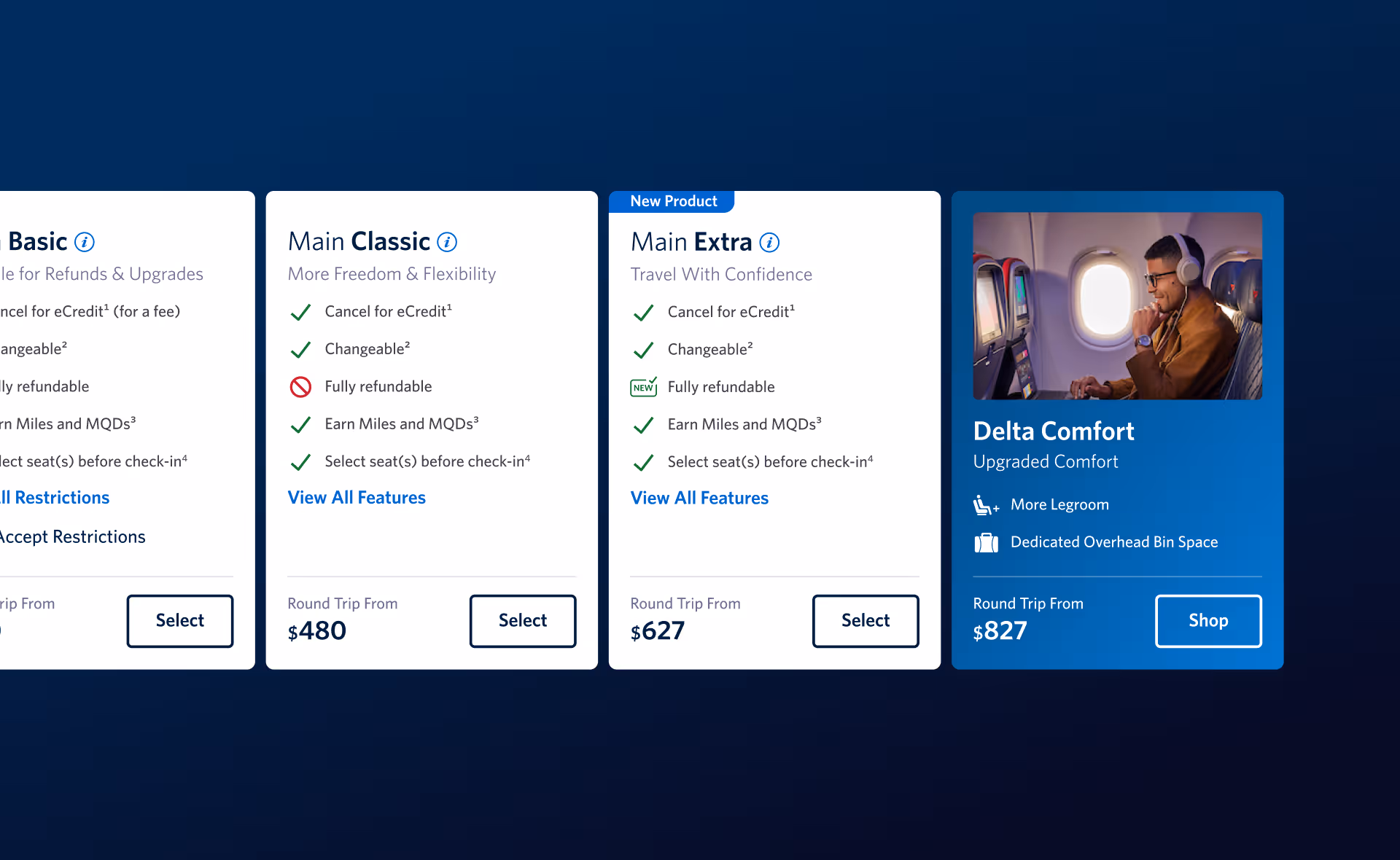 View of new fare cards for Delta's flight results page