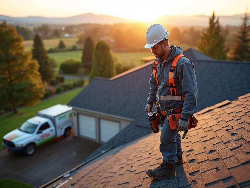 "Roofing contractor inspecting shingles on a roof in Corvallis, Oregon, with the green landscape of Willamette Valley and distant mountains in the background"