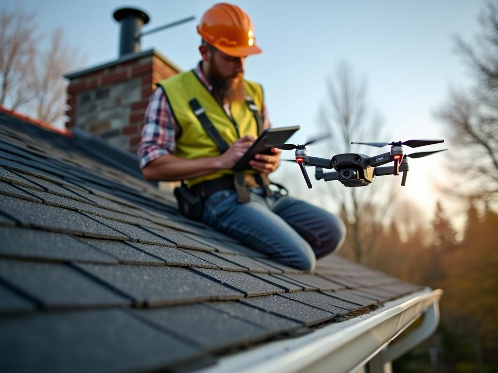 Roofing contractor inspecting newly installed composite shingles with a tablet and drone in early morning light in Corvallis, Oregon