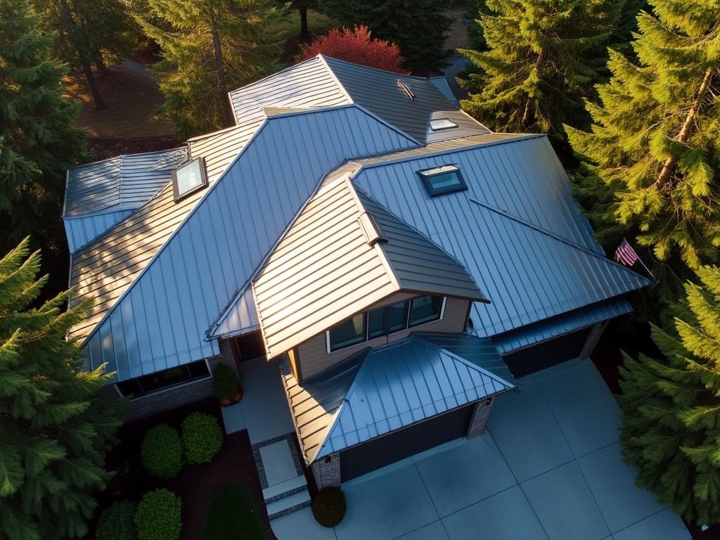 Aerial drone shot of modern suburban home in Corvallis, Oregon, displaying its reflective metal shingle cool roof system, surrounded by tall evergreen trees under afternoon sunlight, highlighting clean lines of solar-ready decks and ridge vents.