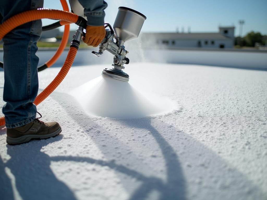 "Professional applying spray foam roofing on a commercial flat roof, with detailed view of expanding white foam and industrial spray equipment highlighted by natural and strobe lighting."